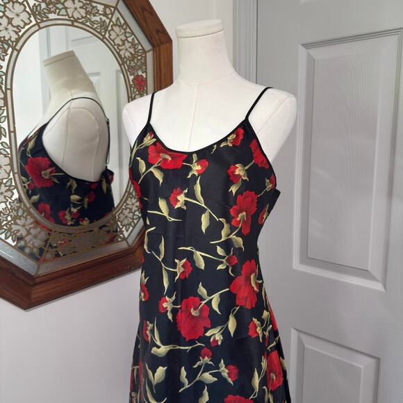 VTG Y2K Opulence Black & Red Rose Floral Romantic Grunge Mini Slip Dress L/M - Picture 2 of 7